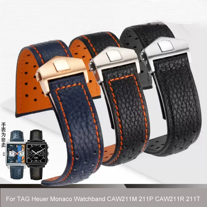22mm Breathable Genuine Leather Band For TAG Heuer Monaco Watchband CAW211M 211P CAW211R 211T Men's Folding Buckle Wrist Strap