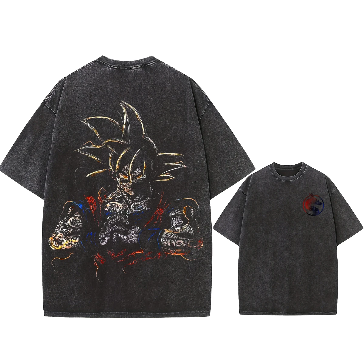 Übergroßes Vintage-T-Shirt mit Dragon Ball-Print, Goku und Gohan Power Up Blue Energy Anime-Design, Streetwear für Alltag und Freizeit