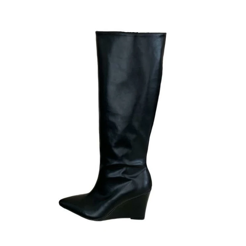 Black Boots Fall Wedges Heels For Woman Pionted Toe Chunky High Heels Long Boots Knee High Classic Winter Ladies Shoes