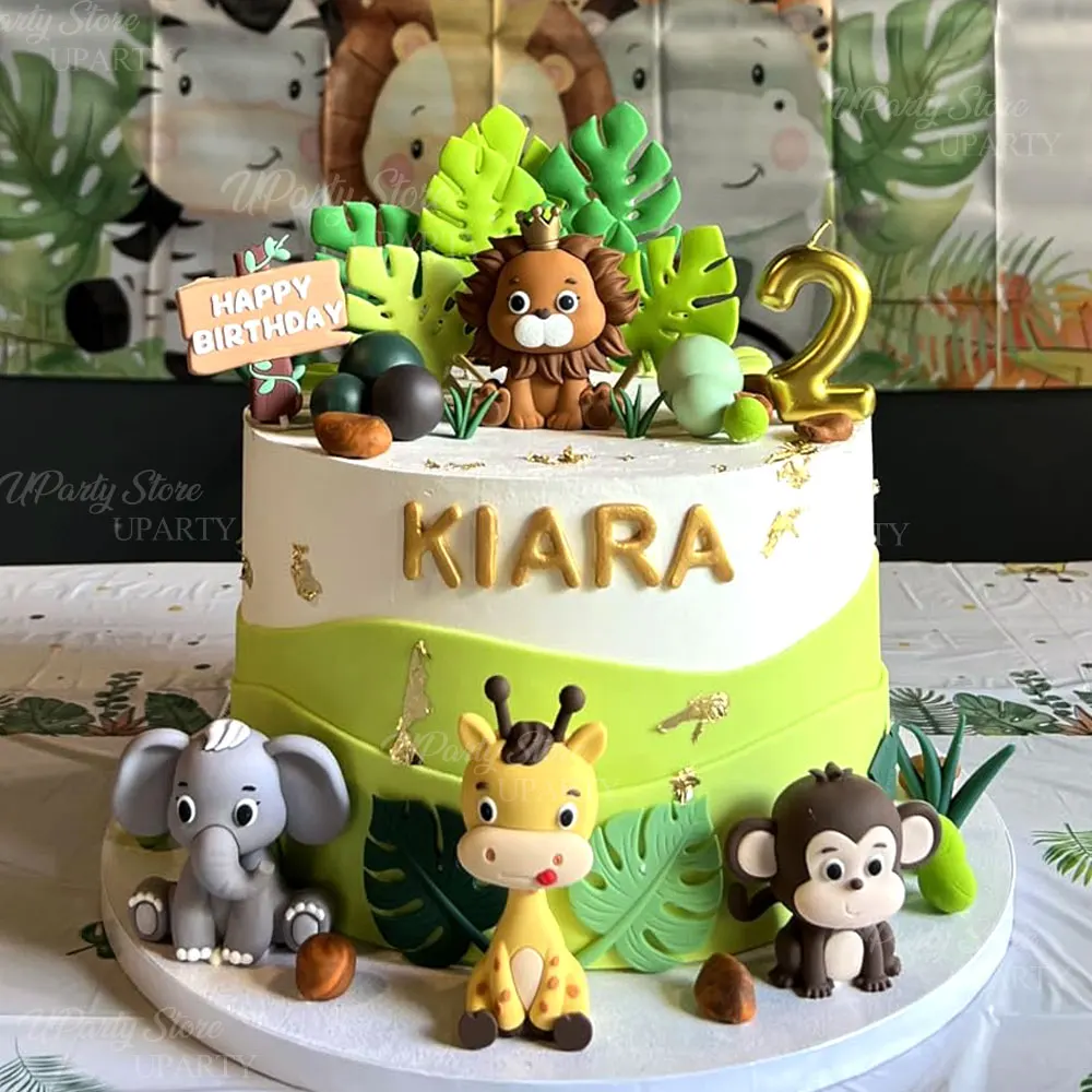 Kuchenaufsatz mit Safari-Tieren, grüne Blätter, Dschungeltiere, alles Gute zum Geburtstag, Kuchenaufsatz für Wild One, Geburtstag, Babyparty, Kuchendekoration – Detail 4