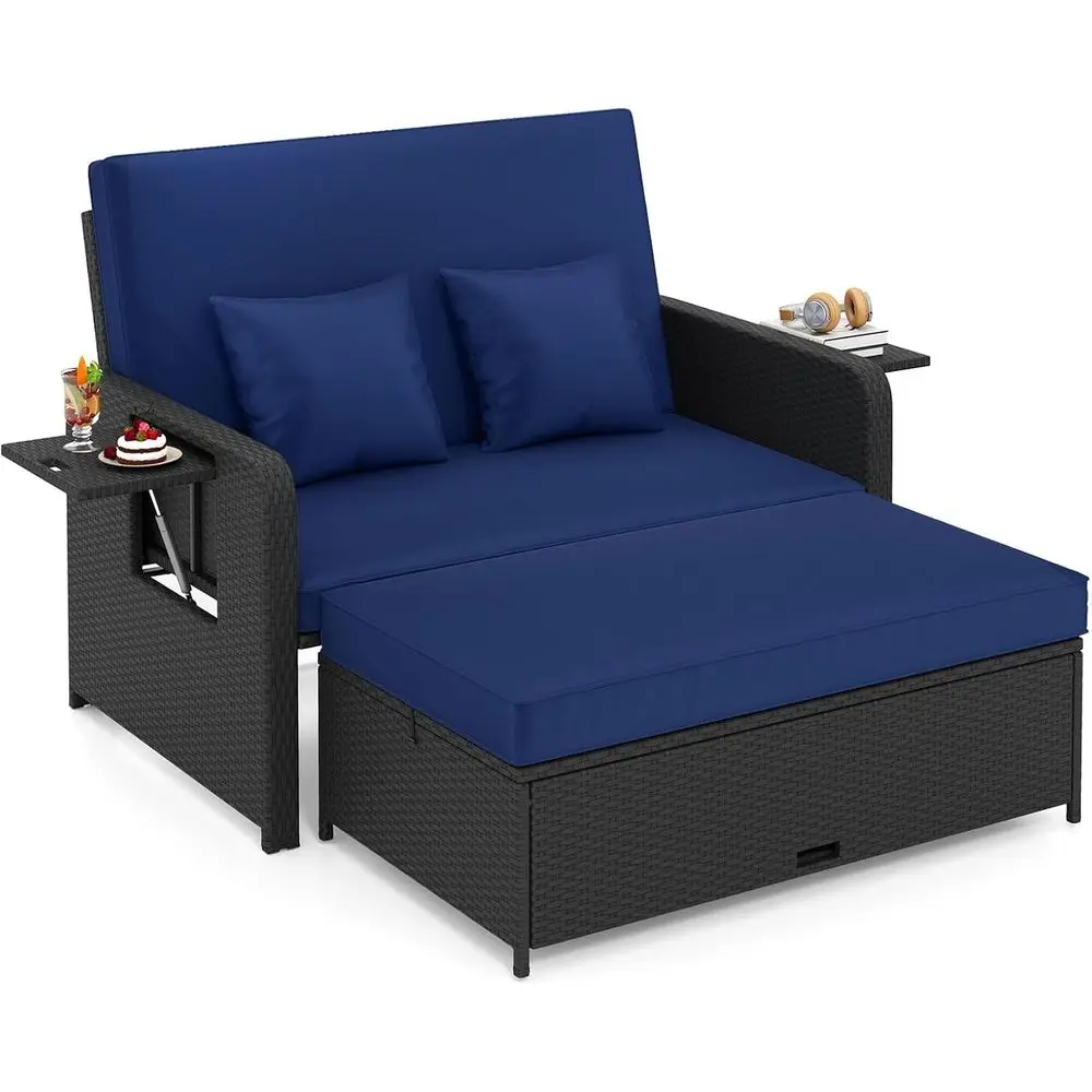 

Outdoor Rattan Daybed with Cushions, Storage Ottoman, Adjustable Backrest, Ideal for Garden, Balcony, Pool (Black+Navy)