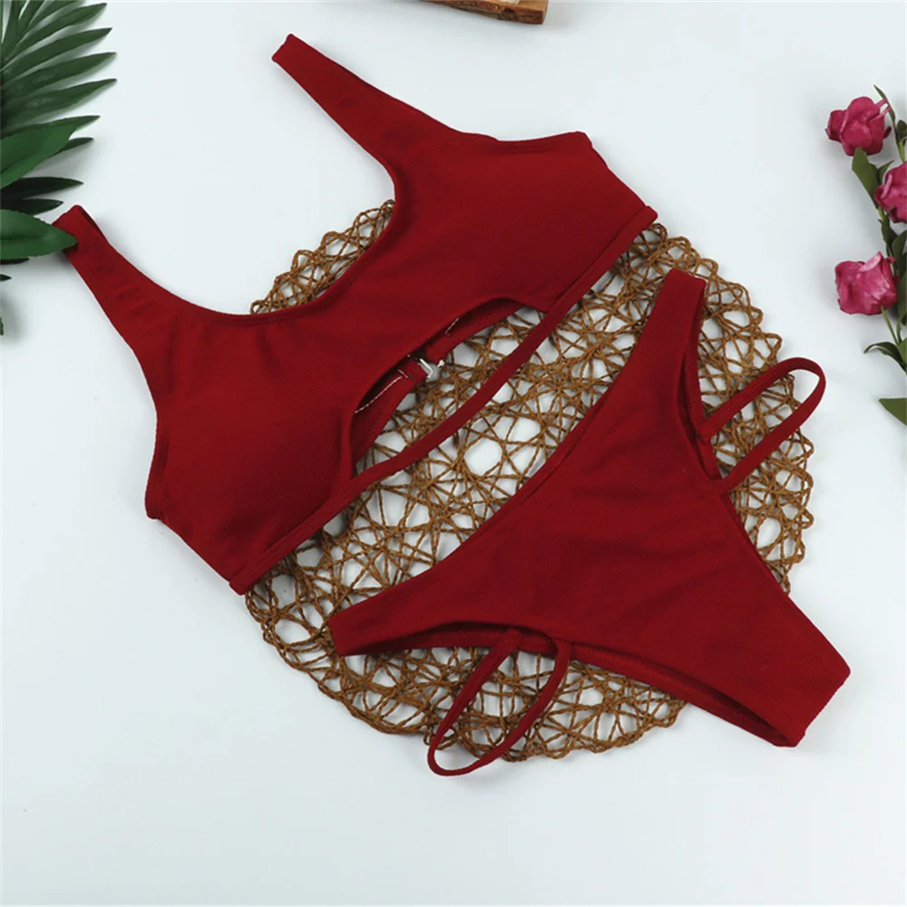 Sexy claret conjuntos de biquinis oco biquíni maiô sem costas tankini com nervuras tangas férias banho feminino roupa de praia