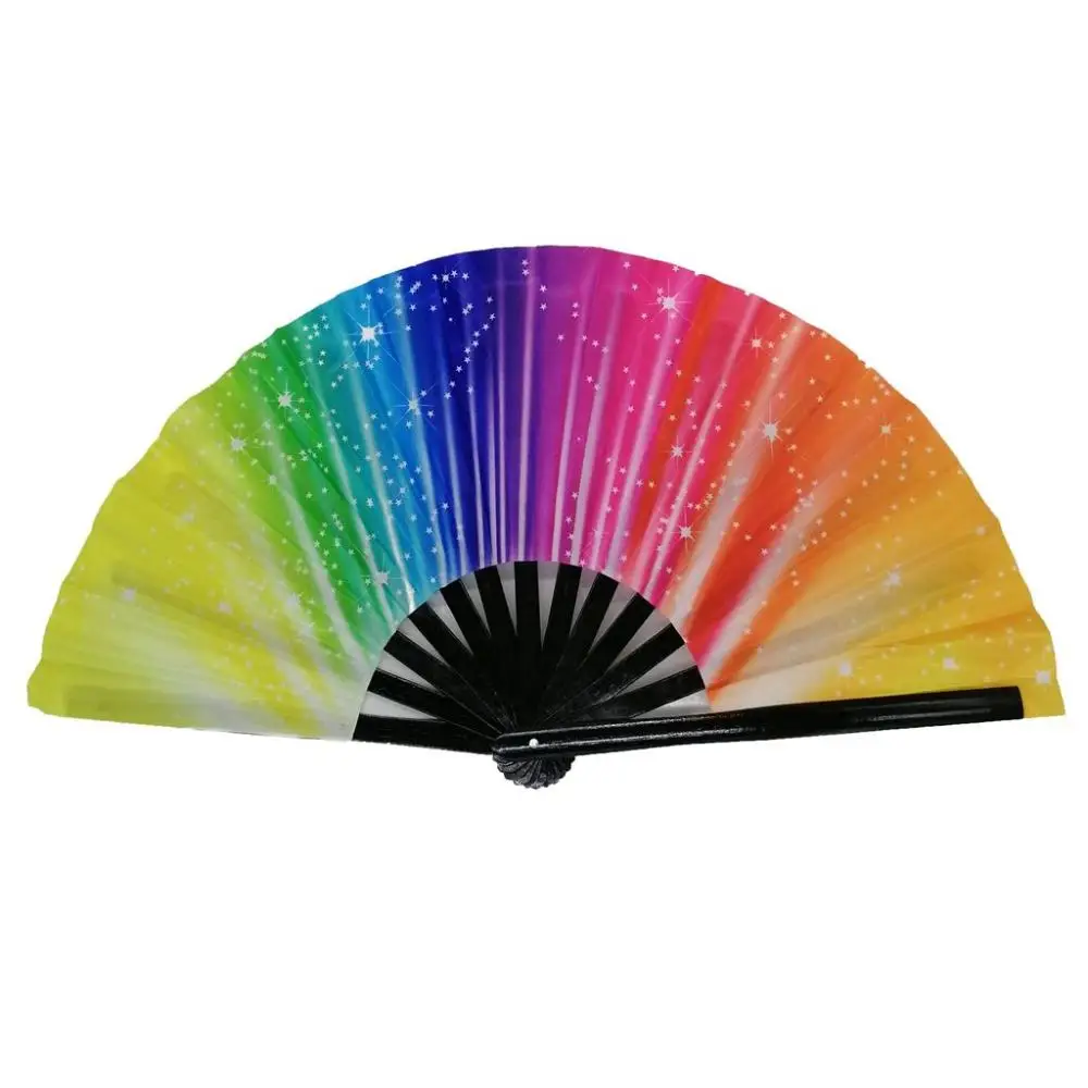 34 cm Large Folding Hand Fan Fold 1 pcs Dot Rainbow Print Black Bamboo & Nylon-Cloth Festival Handheld Fan For Gift