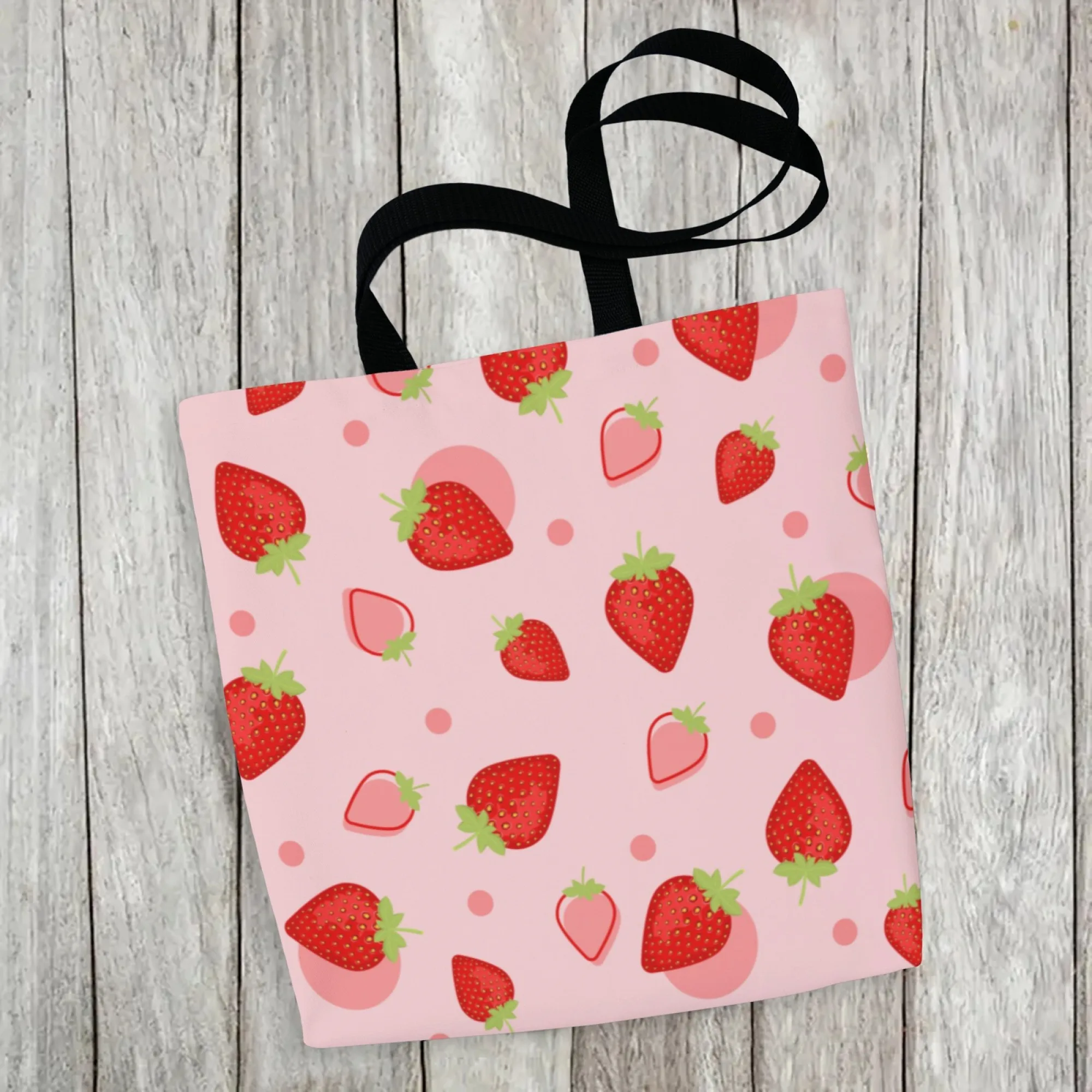 Bolso de mano de lona estilo fresa dulce, bolso de hombro con diseño de fruta rosa para mujer, bolso de compras reutilizable adecuado para viajes diarios