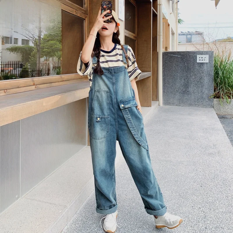 

Trendy Summer Denim Overalls Women's Loose Workwear Sle High Waist Long Pants Commute Sle Korean Version Casual Trousers