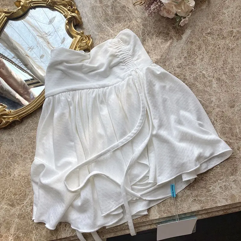Sexy carino bianco minigonna donna coulisse pieghe vita alta irregolare volant Patchwork gonne corte Mori ragazza coulisse vestito