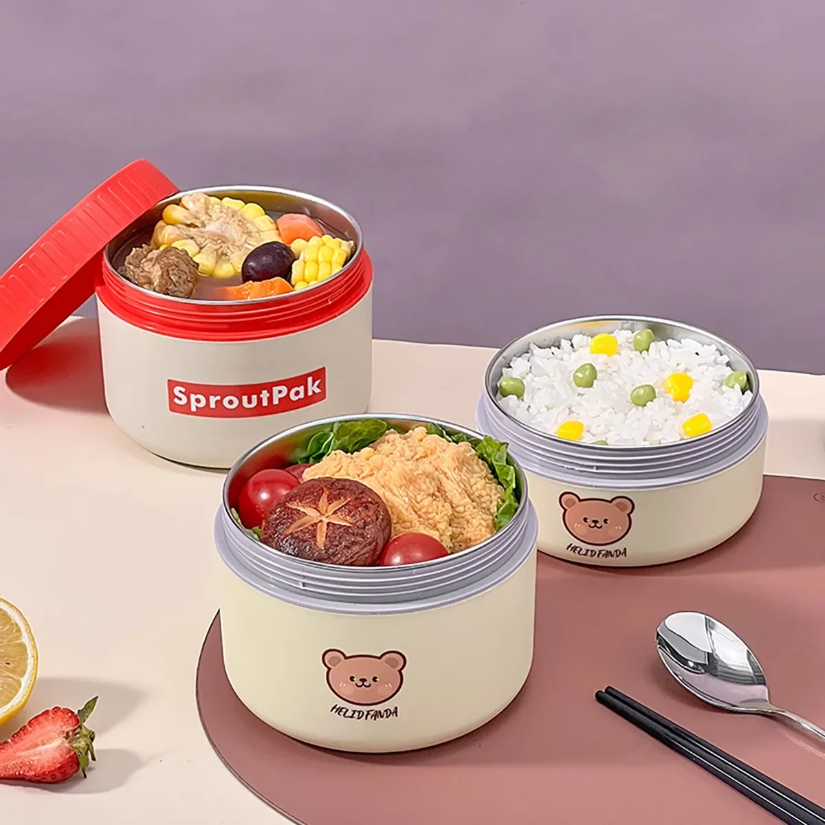 Portable Insulated Lunch Container For Kids Students Cute Round 304 Stainless Steel Thermal Bento Lunch Box With Handle Heatable