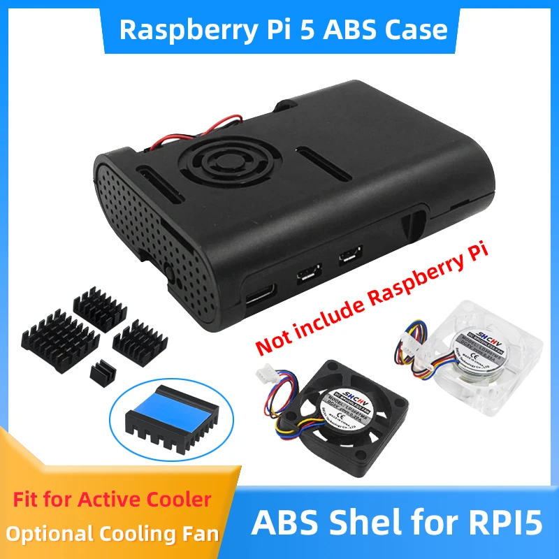 Raspberry Pi 5 Preto Caso Shell ABS, Caixa De Proteção De Plástico, Refrigerador Ativo Opcional, Ventilador Dissipador Para RPI 5 Pi5