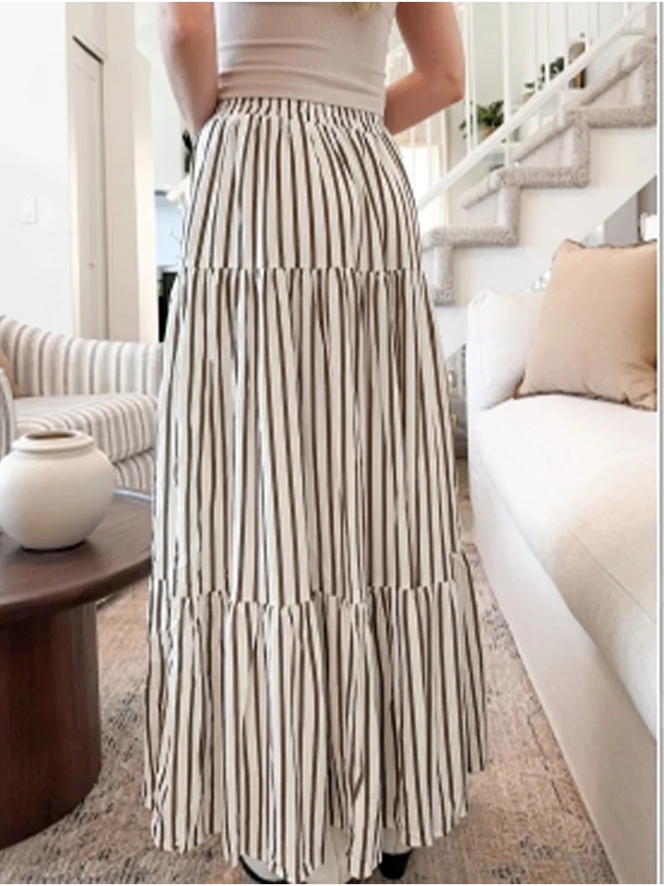 

Y2K Stripes Long Skirt Women's Lace Up Half Body Skirt Daily Casual Street Autumn Long Skirt