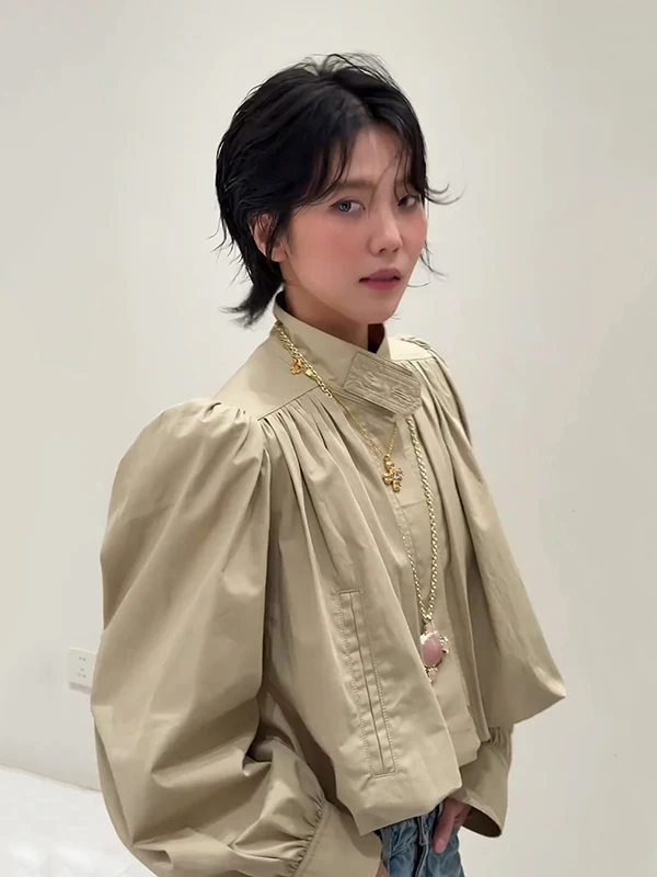 

Осенне-зимнее пальто из искусственной кожи с плиссировкой, воротником-стойкой и эффектом облегающего силуэта, модное женское пальто