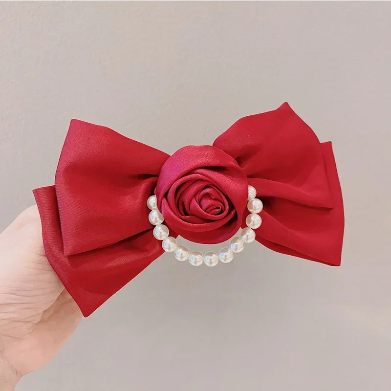 Vintage Rose Hairpin Fabric Large Bow Knot Pearl Chain Hair Clip Sweet Girl Women Korean Hair Accessories Autumn Winter Headwear