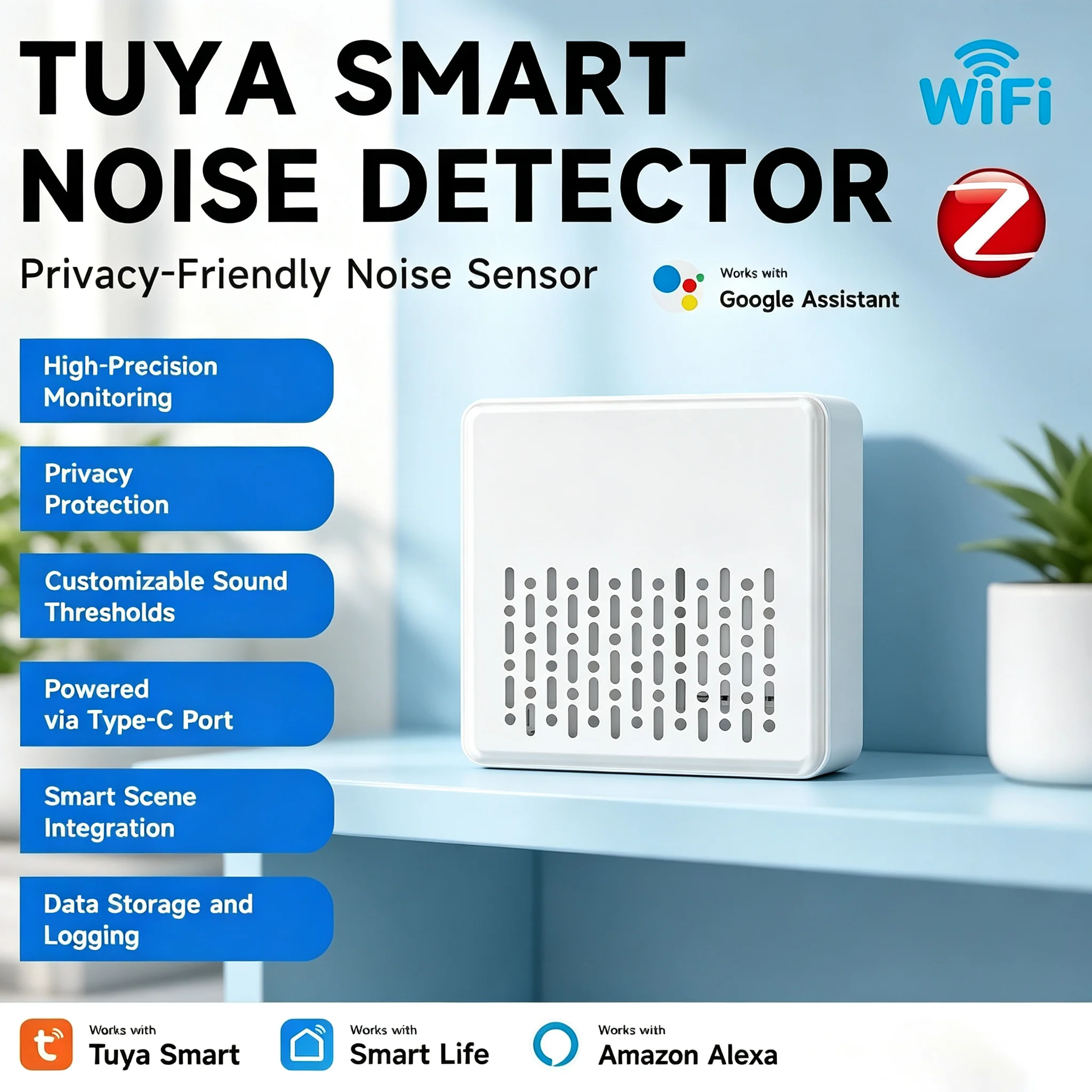 WiFi Zigbee Tuya Noise Sensor Smart Noise Detector High‑Precision Sound Monitor Type‑C Power for Alexa Google Smart Life