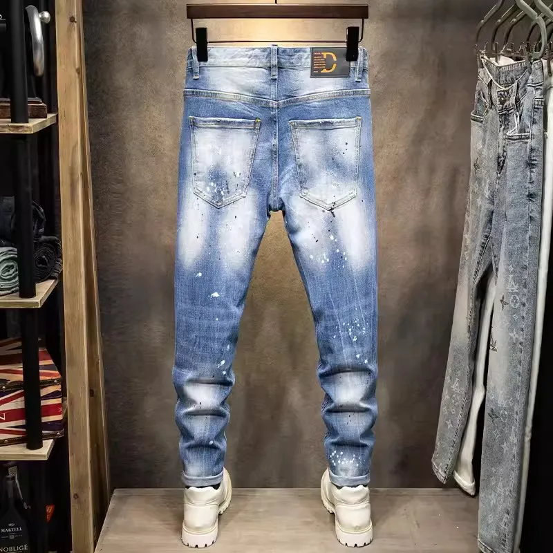 Italian street fashion men's jeans retro light blue elastic tight open front jeans men's designer hip-hop retro jeans hombre