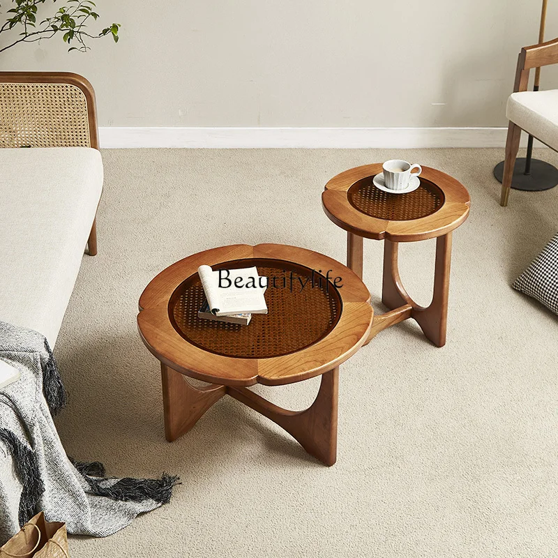 

Japanese-style solid wood rattan coffee table small apartment household glass double-layer retro wabi sandy ash wood