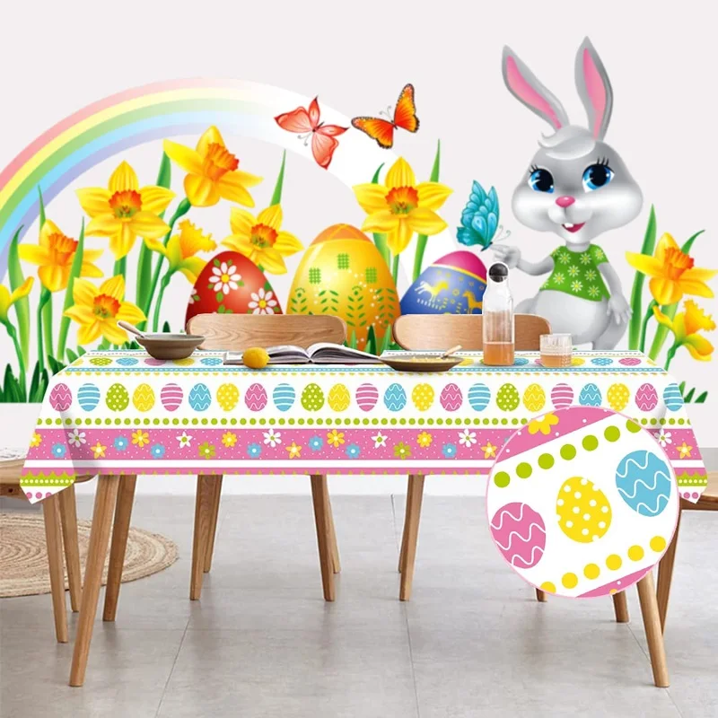 

Easter Tablecloth Disposable Happy Egg Bunny Design Reusable Plastic Rectangular Table Cover Easter Party Decorations for Home