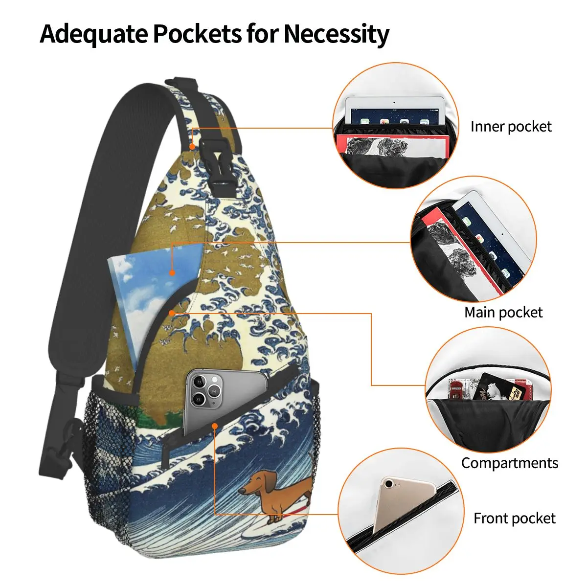 Dachshund Weiner Dog Surfing Small Sling Bag Chest Crossbody Shoulder Sling Backpack Hiking Travel Daypacks Sausage Doxie Bag