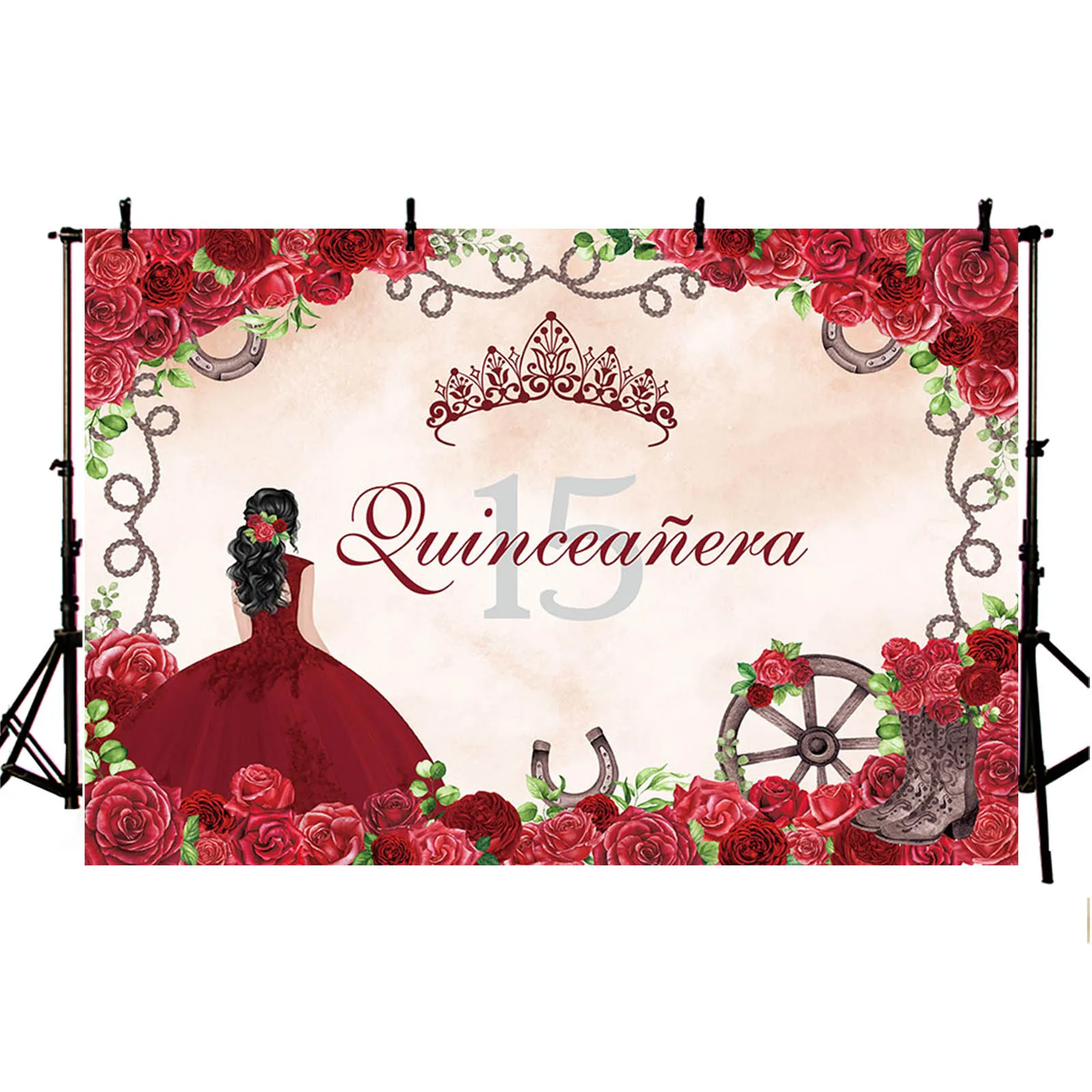 Western Cowgirl Quinceanera 15th Birthday Backdrop Princess Floral Crown Boots Photography Background Girl Cake Party Decor