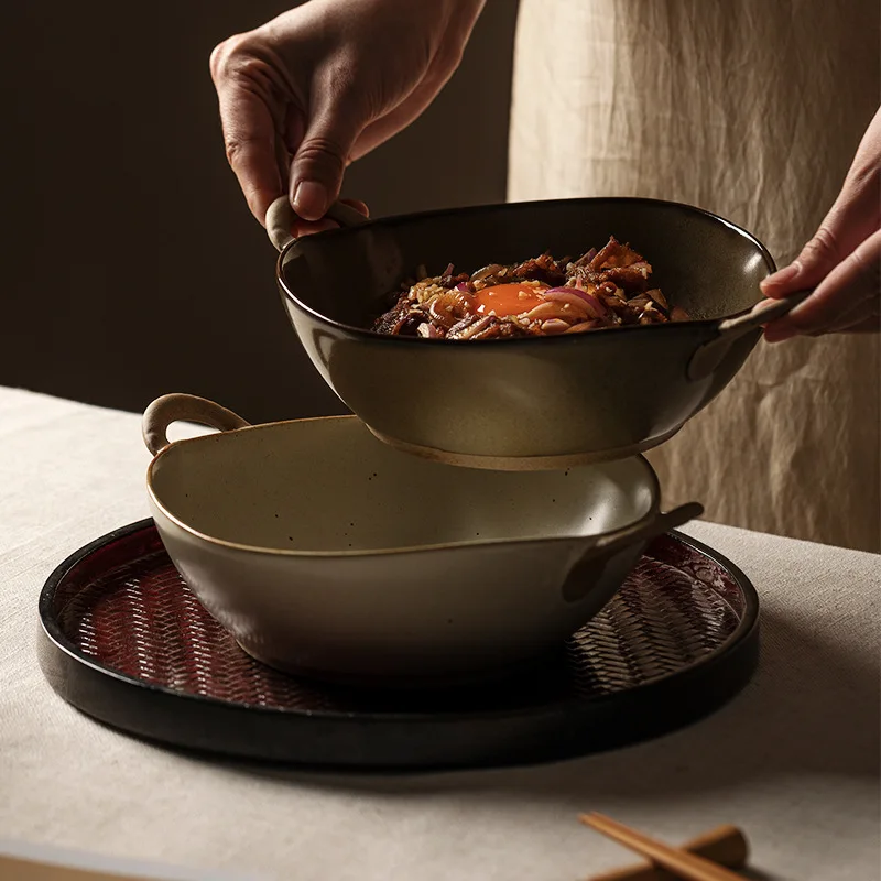 Japanese Retro Stoneware Anti-Scald Binaural Soup Bowl Ceramic Salad Bowl Ramen Bowl Hotel Restaurant Tableware