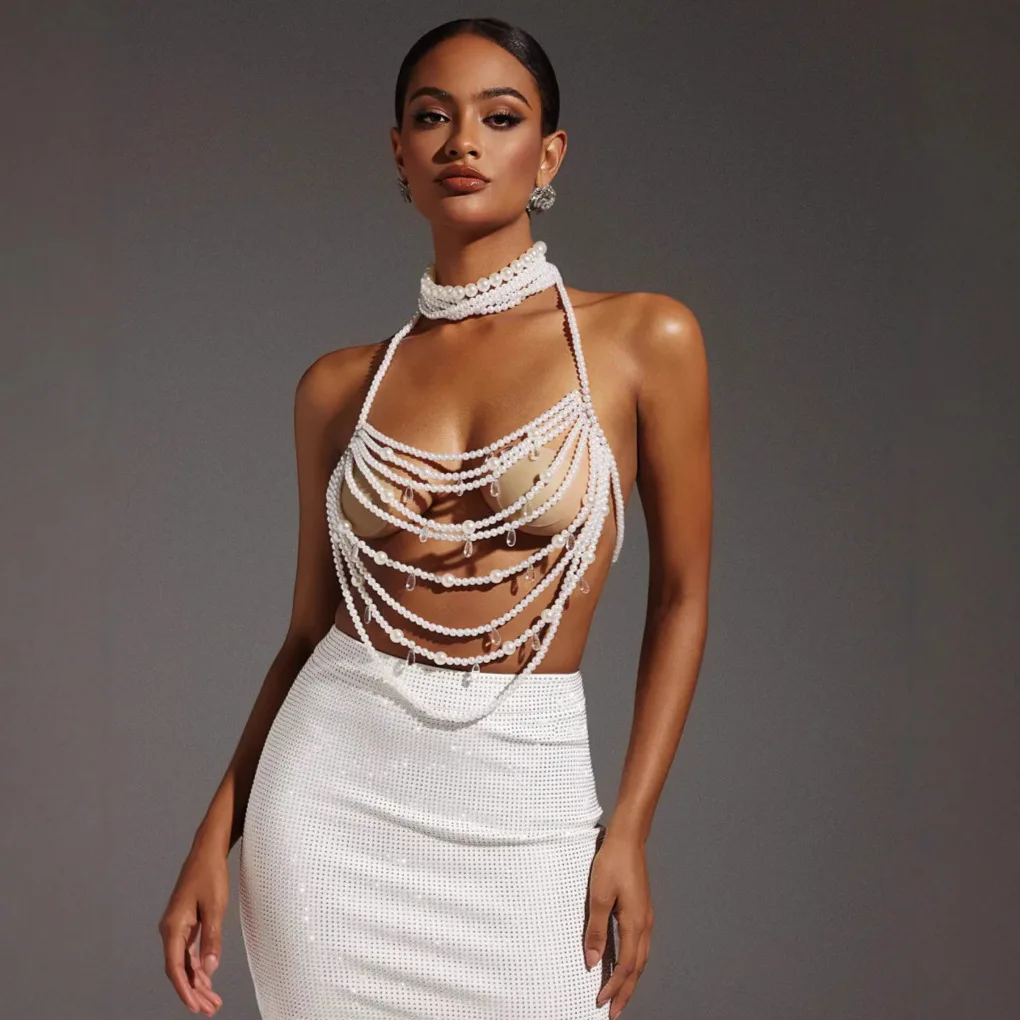 Multi-layer Hollow Out Plastic Pearls Vest Tanks Top Crop Jewelry Beaded Bra Chain Backless Dance Show Costume Breast Body Chain