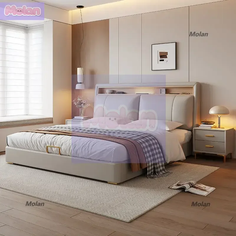 

Modern Simple Cream Italian Leather Master Bedroom Double 1.5m Multifunctional Air Pressure Storage Soft Bag Wedding Bed