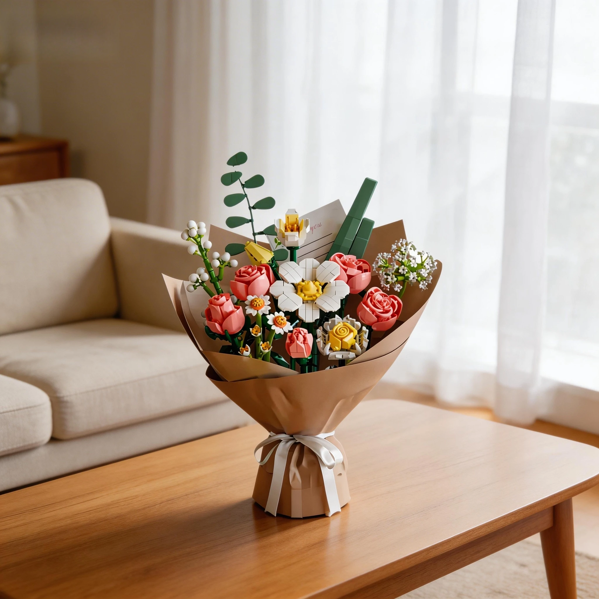 

MOC Pink Rose Bouquet Building Blocks Set WIth Flower Wrapping Paper High-Quality Elegant Gifts For Mother's Day Valentine's Day