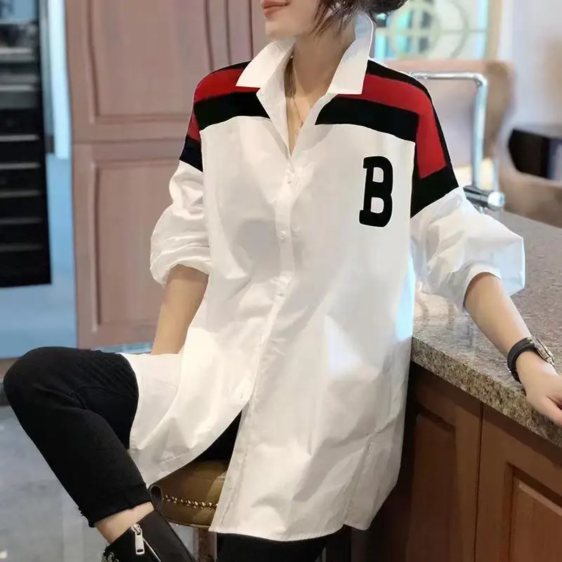 Ladies Korean Fashion Patchwork Turn-down Collar Long Sleeve Blouse Autumn Fashionable Letter Loose Cardigan Women\'s Shirt Femme