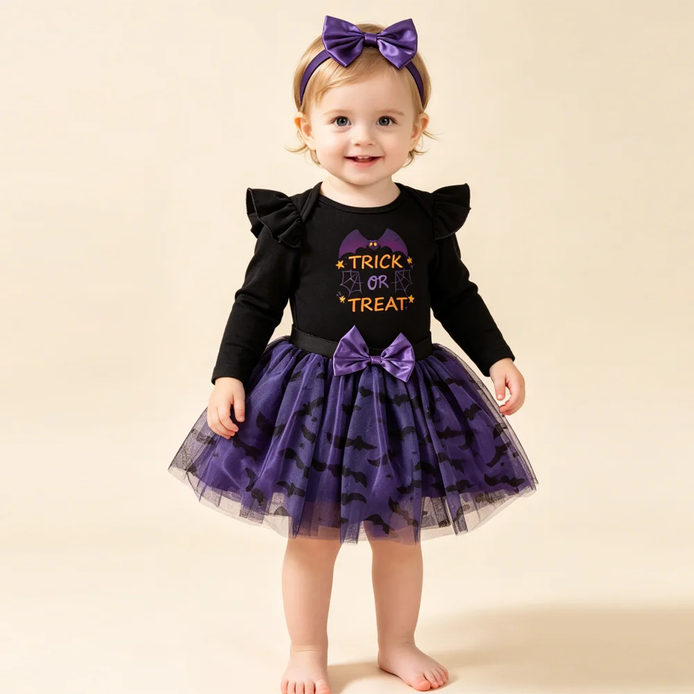 Baby Girl Halloween Costume 3Pcs Long Sleeve Black Romper Purple Bat Tutu Skirt Bow Headband Infant Toddler Party Outfit 0-18M
