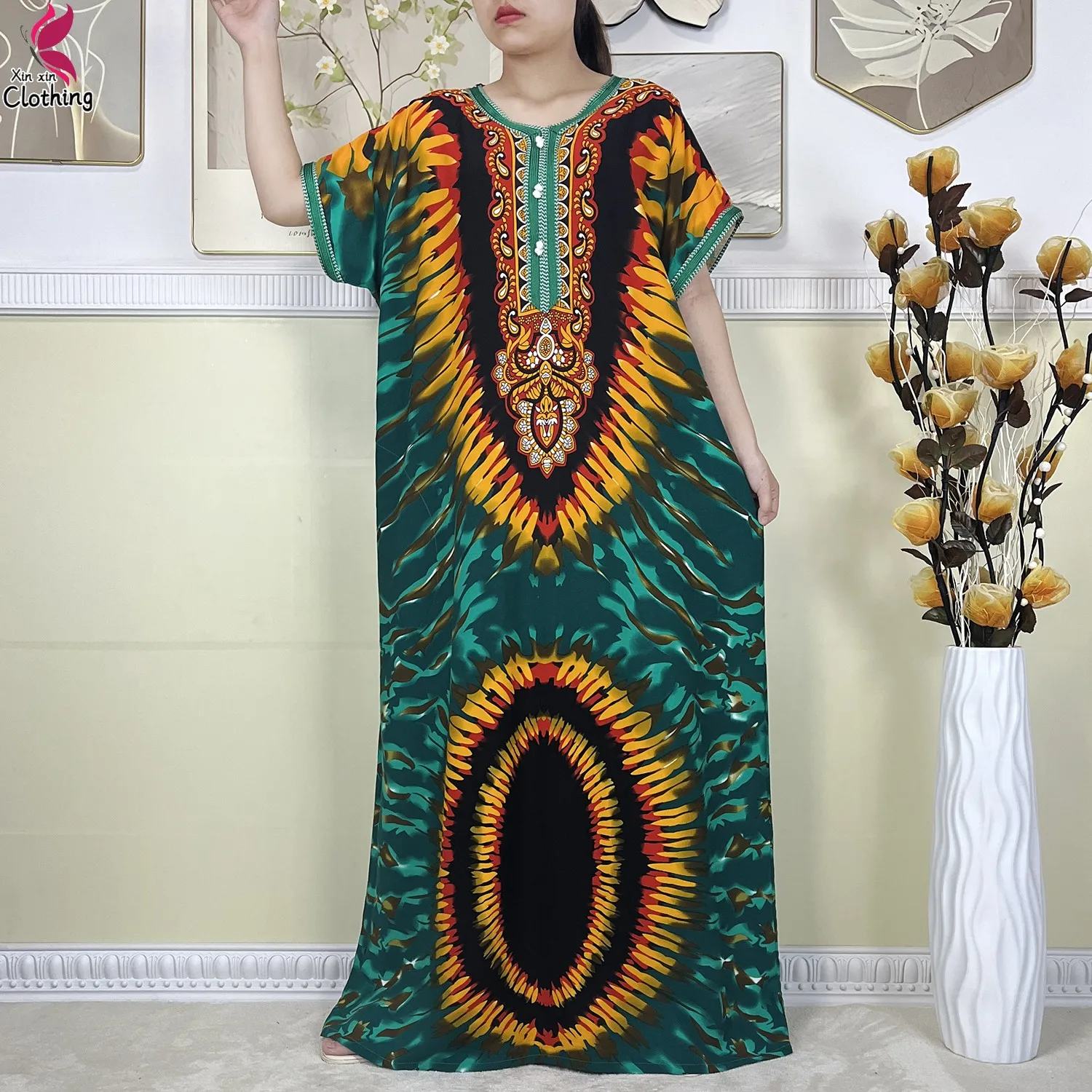 Latest African Women Cotton Dress Fashion Pattern Printing Short Sleeve Robe Women Dashiki Loose Casual Muslim Abaya Clothing