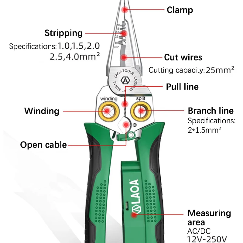 Multi Functional 8-in-1 Stainless Steel Wire Stripping Pliers For Electricians Voltage Measuring Shears And Wire Clamps