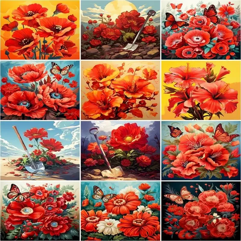 

949183 DIY Frame Paint By Number Red Flower For Adults Picture By Numbers For Adults Kids Acrylic Paint On Canvas Home Decor
