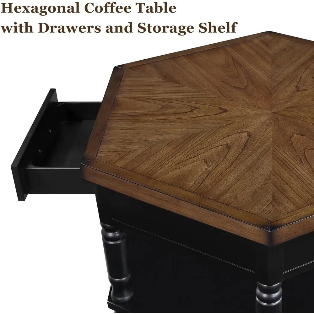 36" 2 Tier Hexagon Wood Coffee Table with Storage Shelf & Drawer Solid Wood Feet Mid-Century Vintage Center Coffee Table
