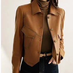 2024 Coat Women's Fall/Winter Explosions PU Leather Jacket New Ladies Western Style Short Denim Lapel Outwear Fashion Trend Tops