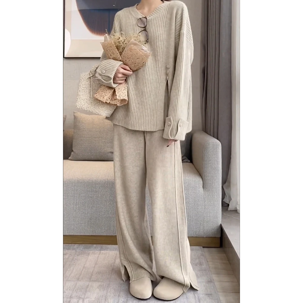 REALEFT 2024 Autumn Winter 2 Pieces Women\'s Sets Knitted Tracksuit Button O-Neck Split Sweater and Straight Jogging Pants Suit