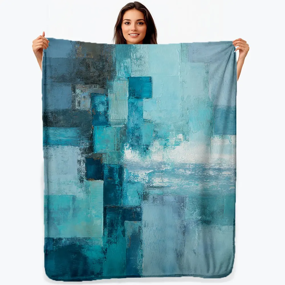 Cozy Aqua Block Fusion Print Flannel Blanket - Soft, Warm & Lightweight Retro Geometric Design ,for Sofa, Bed, Travel, Camping