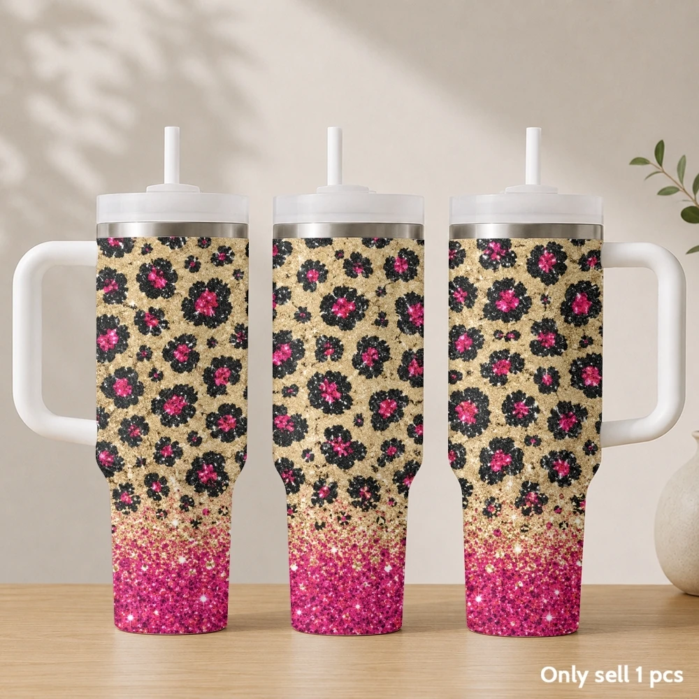 Fashion Pink leopard print Vacuum Flasks 40oz Stainless Steel Insulated Tumbler with Handle & Straw Leakproof Travel Mug