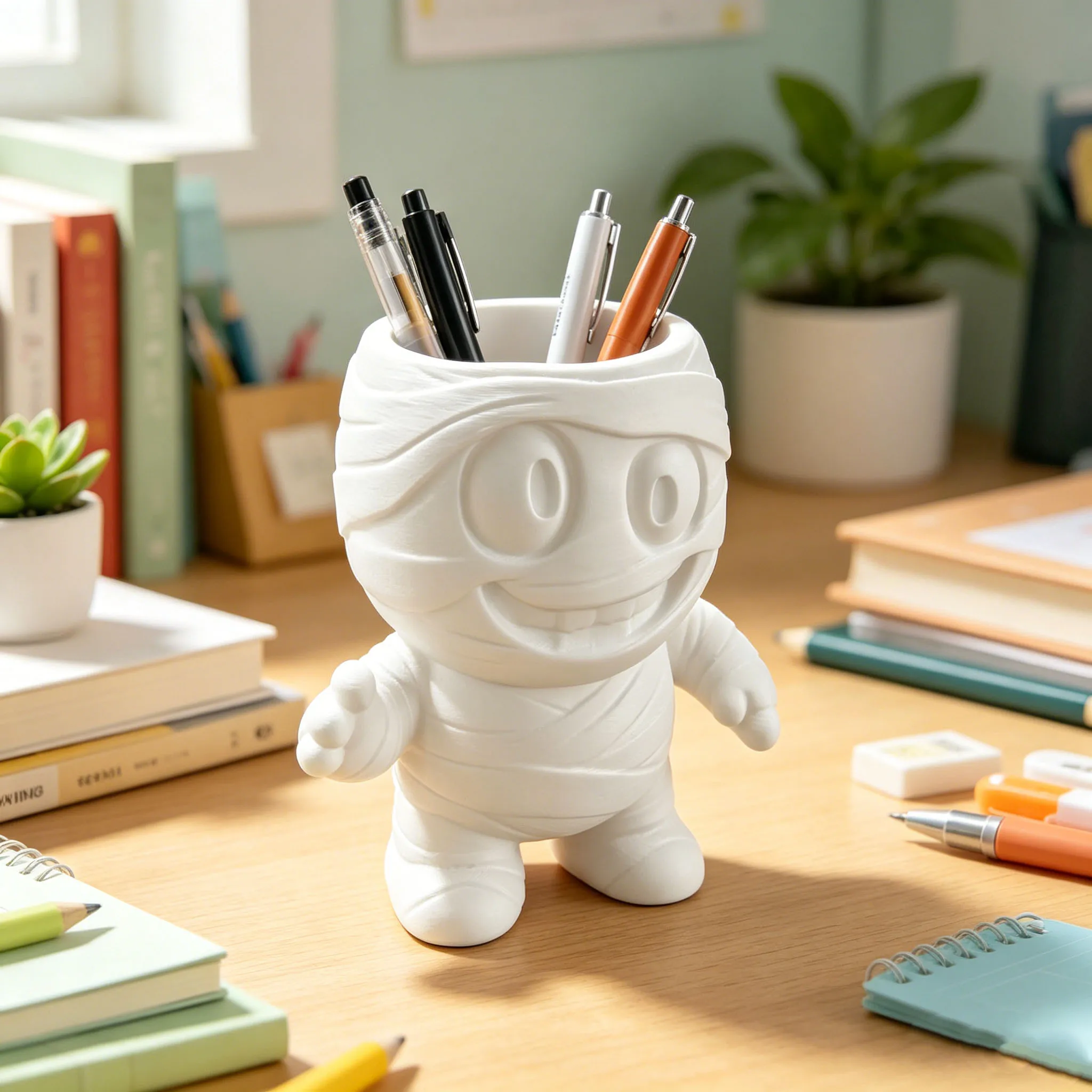 3D Printed Creative Mummy-Shaped Desktop Storage Container, Multifunctional Pen Holder, Cosmetic Brush Organizer, Desk Organization Tool, Single Piece