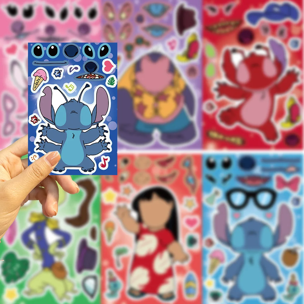 Disney-Stitch Cartoon Puzzle Adesivos para crianças, DIY Anime Jigsaw, Engraçado montar brinquedos, crianças fofas, fazer um rosto, meninos e meninas, 8 folhas