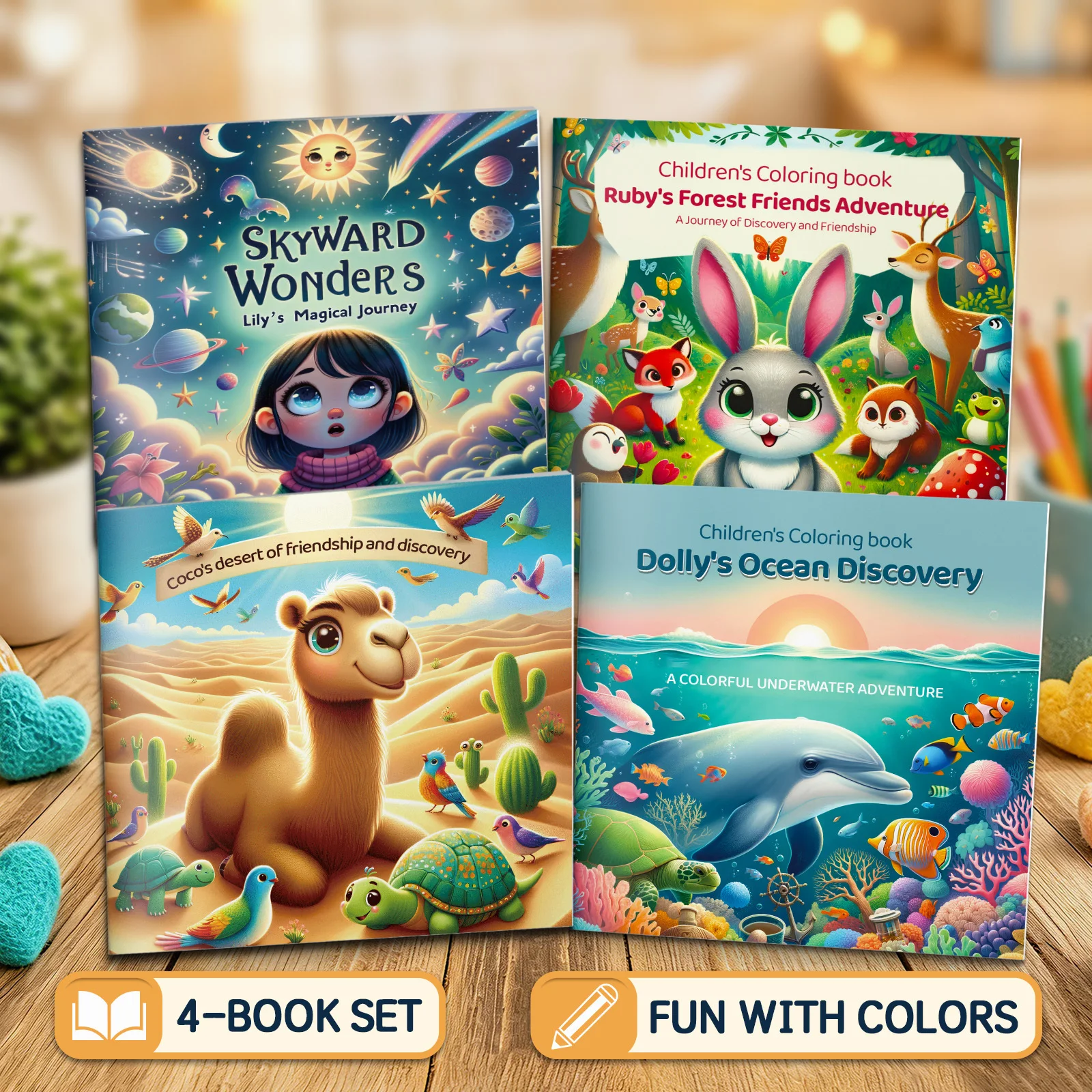 4-Book Children’s Coloring Book Set, Animal, Ocean Life, Desert and Sky Adventure Coloring Books for Kids