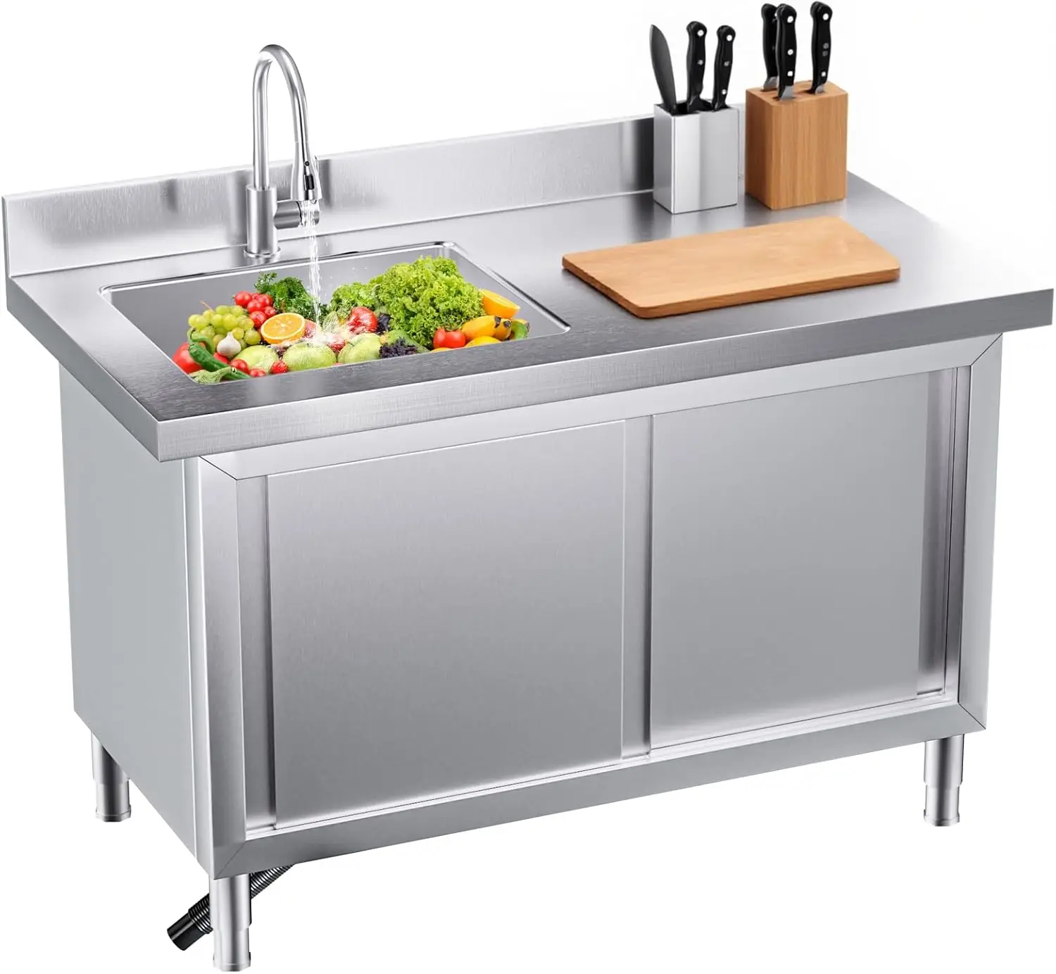 

All-in-One Stainless Steel Utility Sink with Cabinet, Workbench & Pull-Down Faucet – Freestanding Commercial Sink for Laundry, G