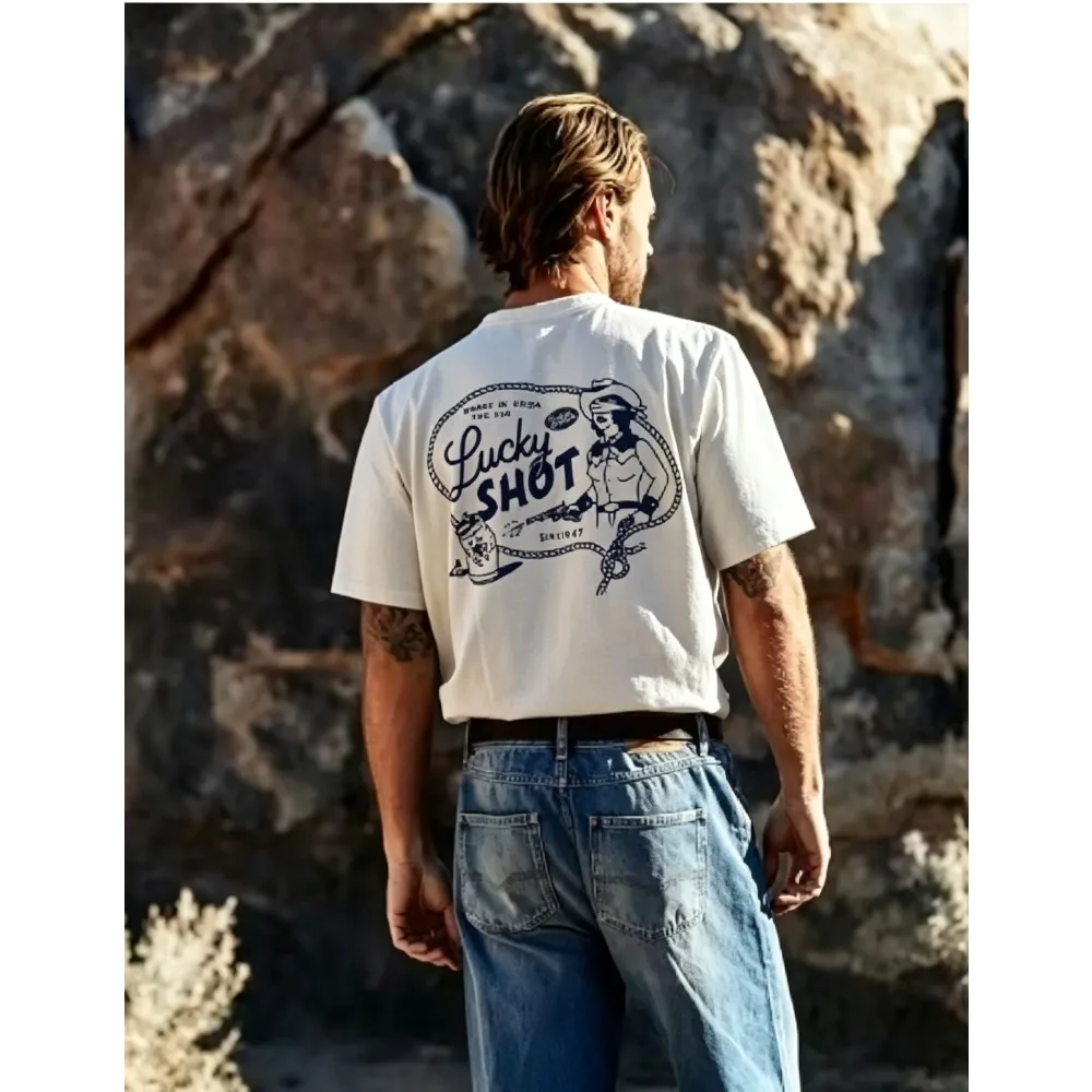 2026 New American Western Cowgirl Graphic Tee,  Retro Distressed Line Art, Wild West Casual Loose Unisex Tops