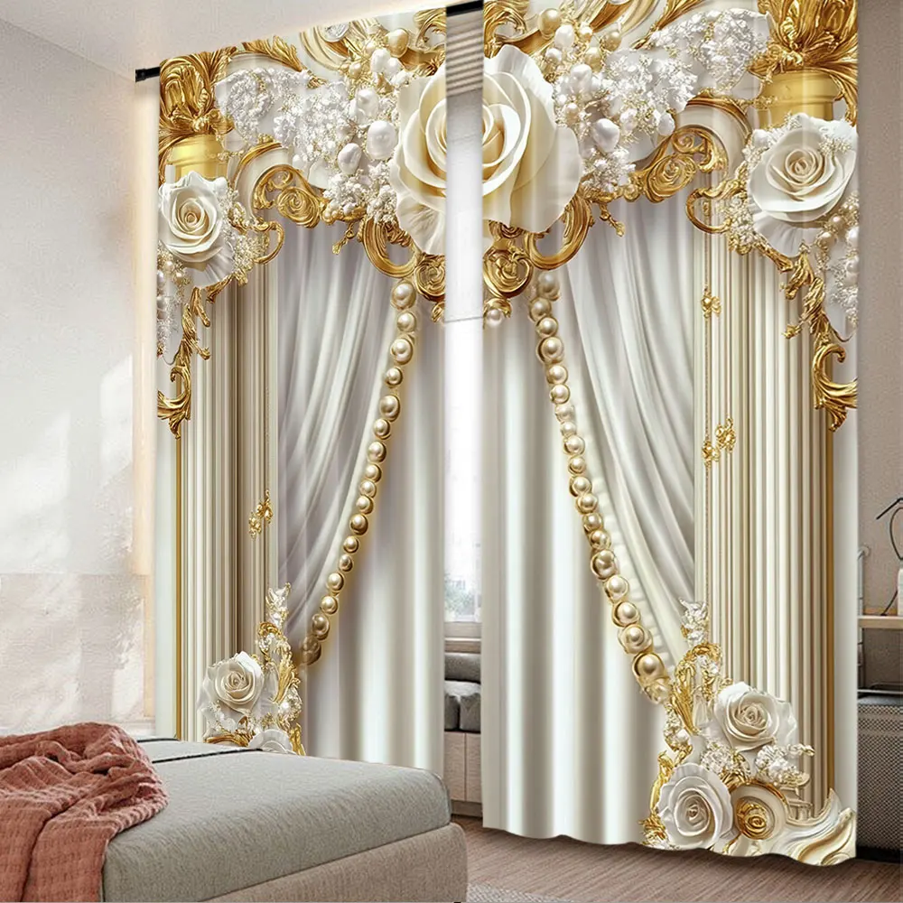 2Pcs Gold And White Curtains With Elegant And Chic White Flowers Suitable For Living Room Dining Room Kitchen Bedroom Bathroom