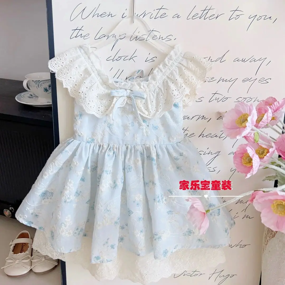 

Girls Pink Floral Lace Dress, Sleeveless Ruffle Trim Sundress with Bow, Cute Kids Summer Princess Dress for Casual & Party Wear