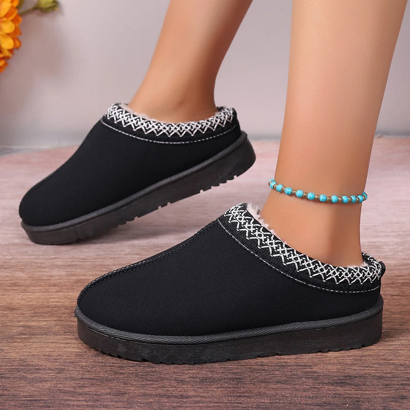 Snow Boots Women Winter New Cashmere Warm Thick Soles Without Heel-covered Hair Half Slipper Cotton Shoes Cashmere Warm Boots