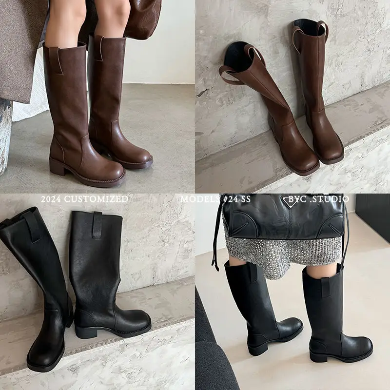 2024 INS Women Knee High Boots Genuine Leather High Boots Autumn Winter Warm Shoes Woman Snow Motorcycle Boots Ladies Shoes