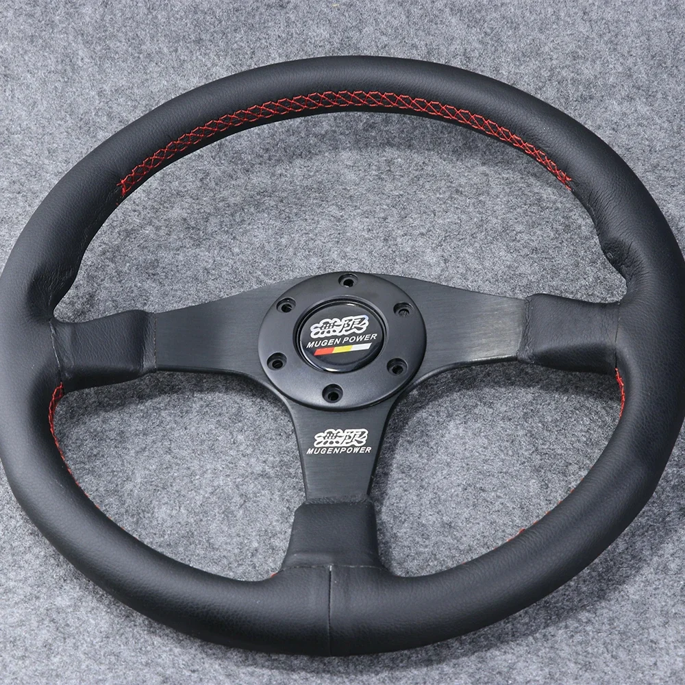 350mm 14inch Mugen Sport Steering Wheel Genuine Leather with Red Stitching Racing Car Tuning Drift