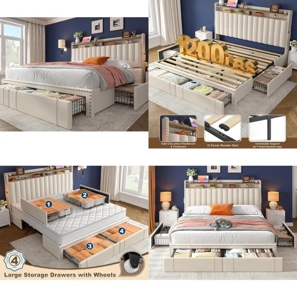 King Size Bed Frame with Storage Drawers, Upholstered Headboard, 2-Tier Shelves, Supports Up to 1200lbs