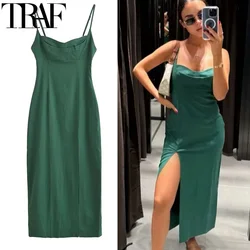 TRAF Women's Dresses Sleeveless Green Slip Dress Woman Strappy Backless Sexy Party Dresses Summer Bodycon Elegant Long Dresses