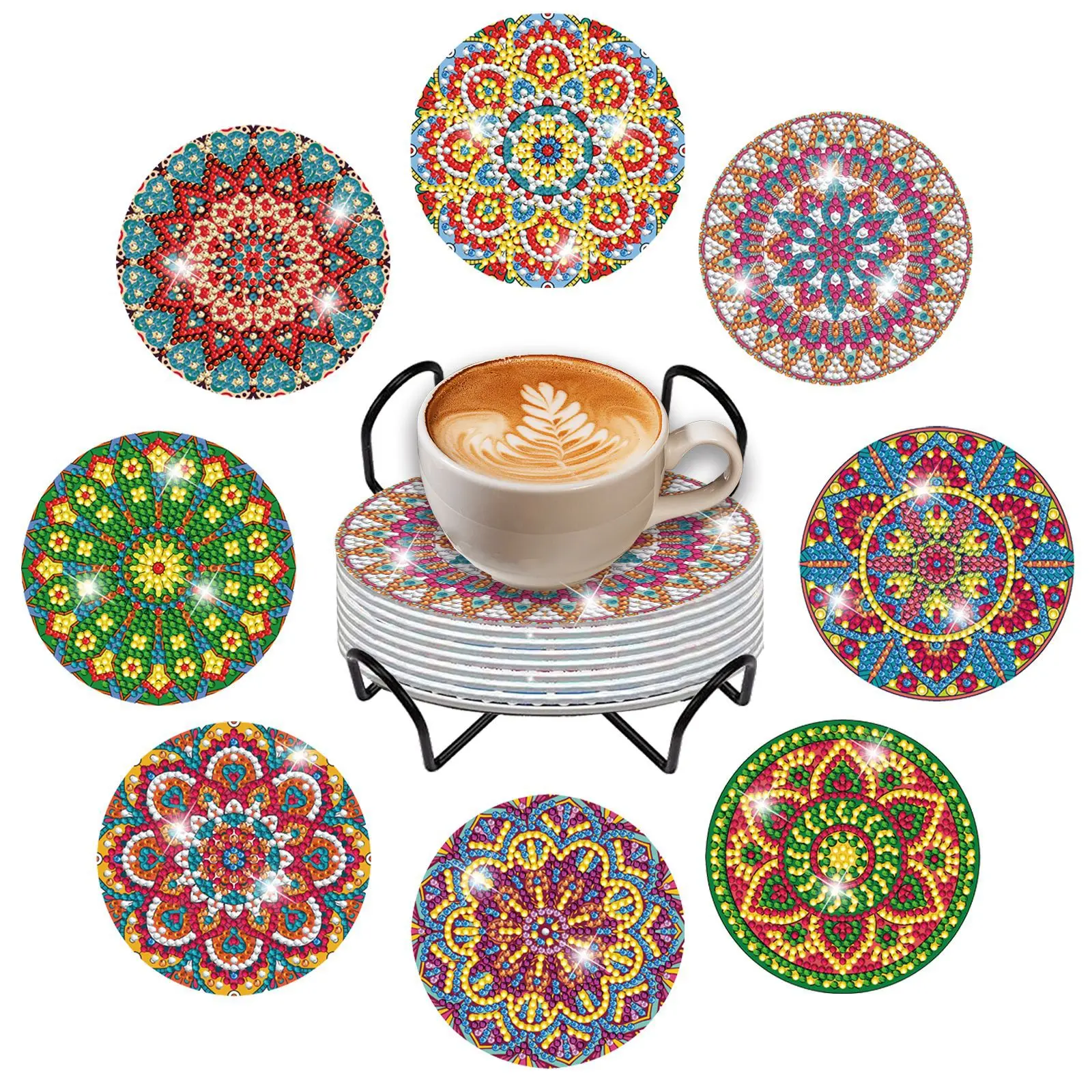 

8Pcs Diamond Painting Coasters DIY Rotundity Mandala Flowers Dining Table Coasters Heat Insulation Wooden Dot Drill Handicrafts