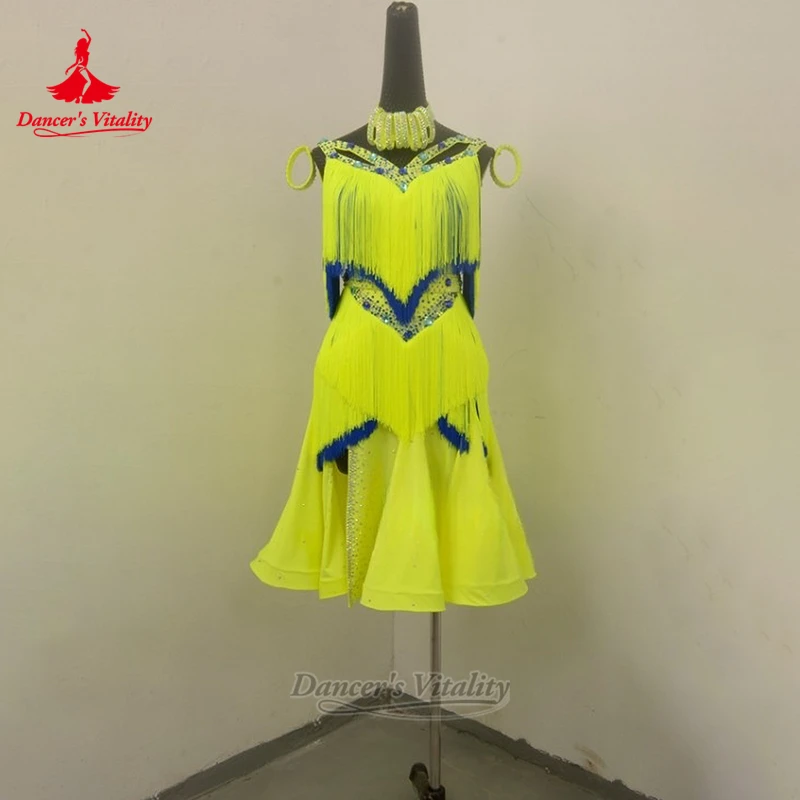 الكبار الفلورسنت الأصفر اللاتينية AB الأحجار عارية الذراعين شرابات فساتين فاخرة تخصيص حيوية الراقصة تشاتشا سامبا السالسا الملابس #1