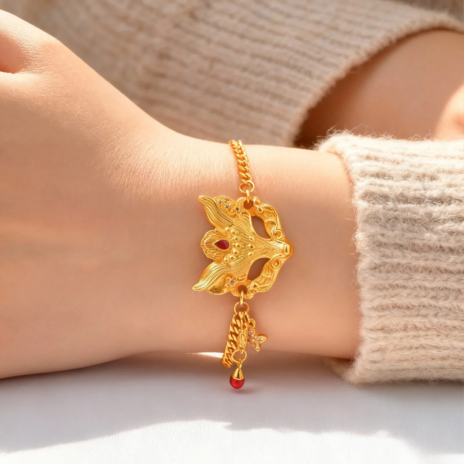 Golden Fox Mask Charm Bracelet, Fantasy Cosplay Mythology Fashion Hand Wrist Accessory